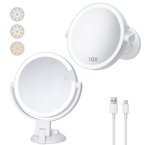 1X 10X Magnifying Shower Mirror with Lights, Rechargeable...
