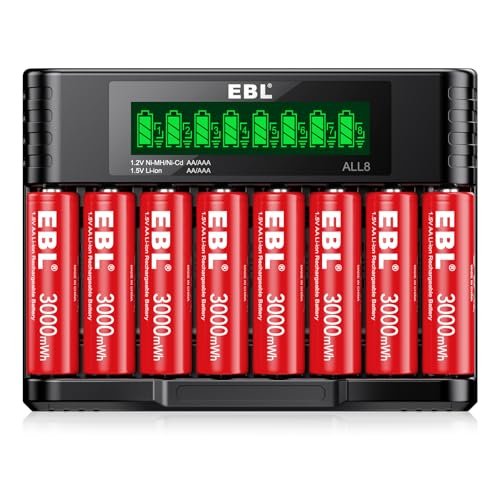 EBL 8 Pack Rechargeable Lithium AA Batteries, 1.5V 3000mWh...