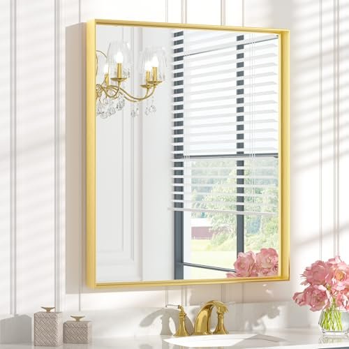 Keonjinn 30 x 36 Inch Brushed Gold Bathroom Mirror Metal...