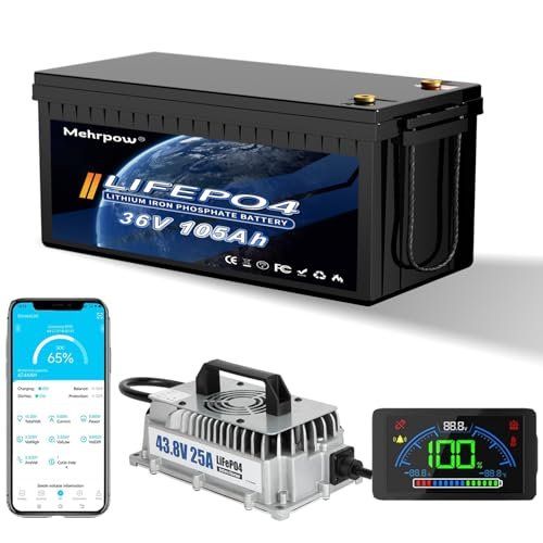 36V 105Ah LiFePO4 battery, built-in Bluetooth 200A BMS and...