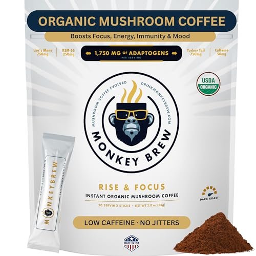 Monkey Brew Rise & Focus USDA Organic Mushroom Coffee |...