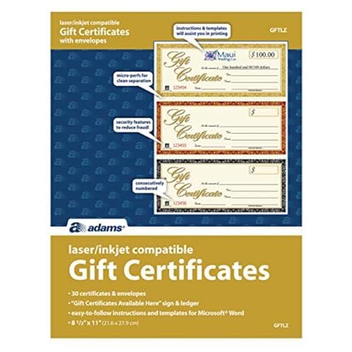 Adams Gift Certificates, Laser/Inkjet Compatible, 3-Up, 30...