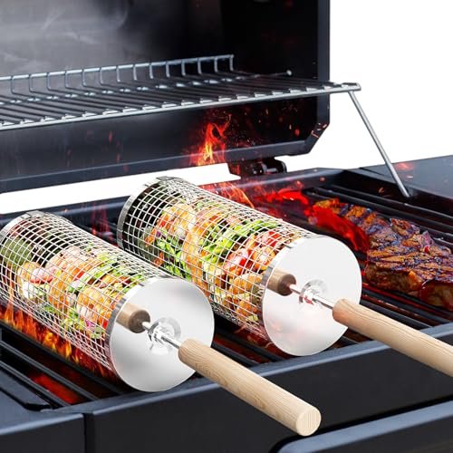 ivtivfu Rolling Grill Basket, Removable Wooden Handle, 304...