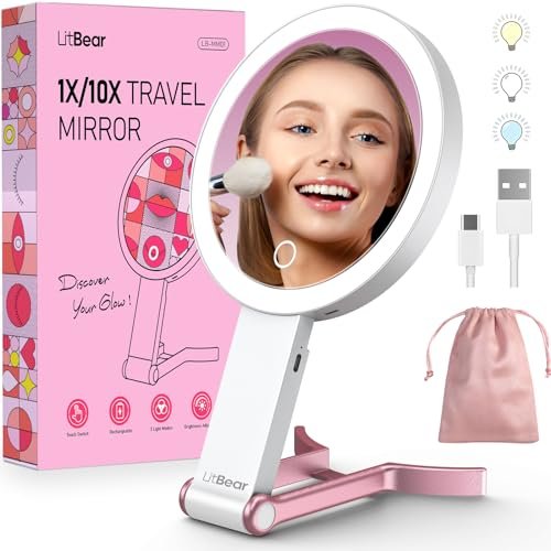 LitBear Travel Makeup Mirror with Lights, Rechargeable...