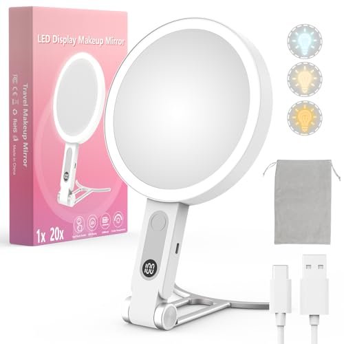 Travel Makeup Mirror with Lights, 1X/20X Magnifying Lighted...