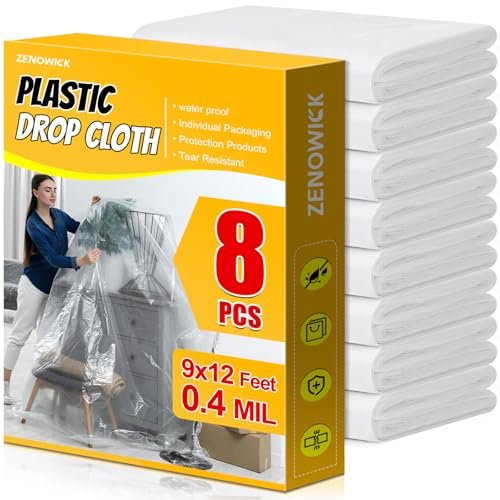 8 Pack Plastic Drop Cloth, 9x12 Ft Plastic Sheeting for...