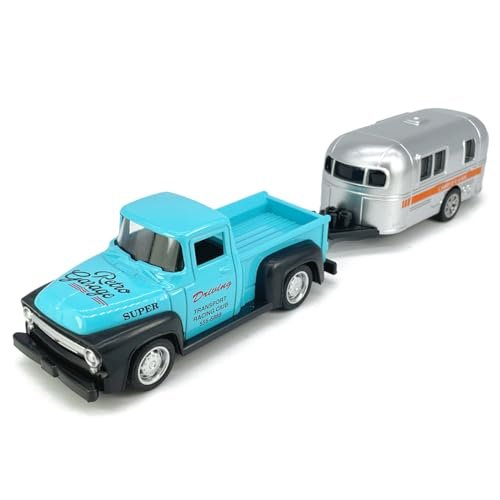 Vintage Blue Pickup Truck Trailer Towing Toy Camper RV...