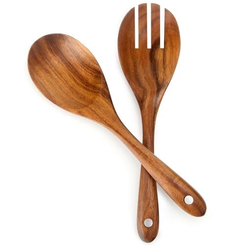 13-Inch Teak Wood Salad Spoon and Fork, Large Wooden...