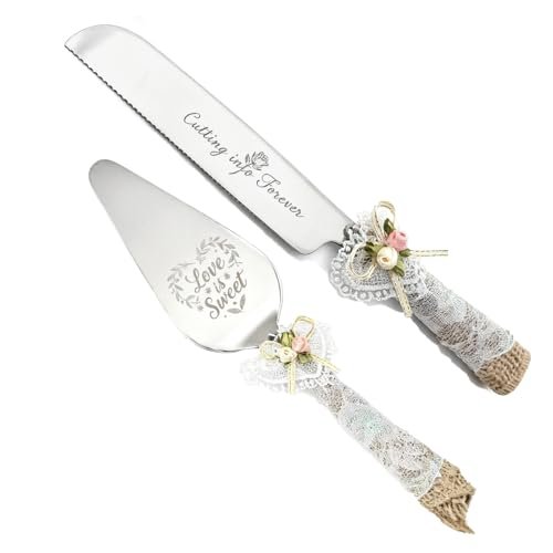 Rustic Wedding Cake Knife and Server Set with Lace &...