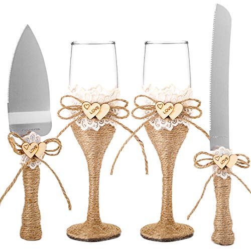 WUWEOT Cake Knife and Server Set with Champagne Glasses,...