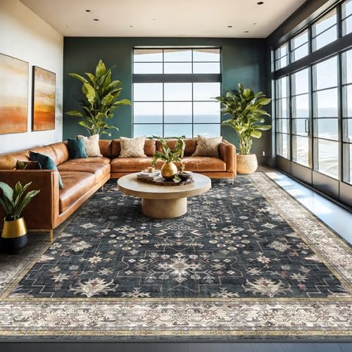 Black Boho Rug for Living Room 9x12 - Washable Dining...
