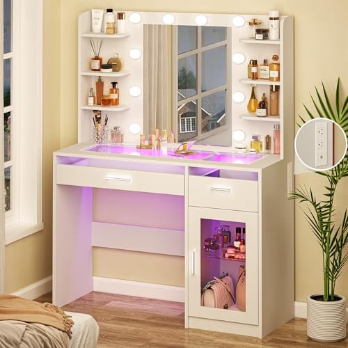 HUAHUU Vanity Desk with Mirror and Lights, Makeup Vanity...