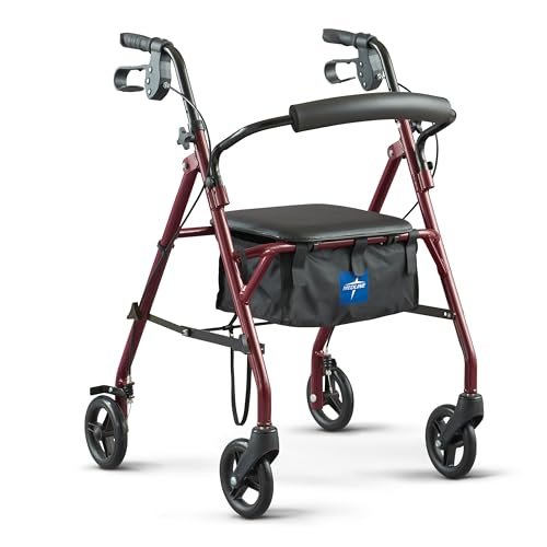 Medline Steel Rollator Walker with Seat, Burgundy, 350 lb....
