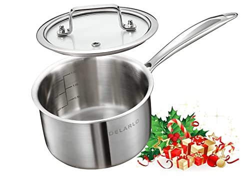 DELARLO Stainless Steel Small Brushed Saucepan With Lid,...