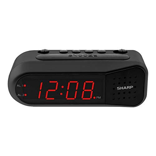 Sharp Digital Alarm Clock – Black Case with Red LEDs...