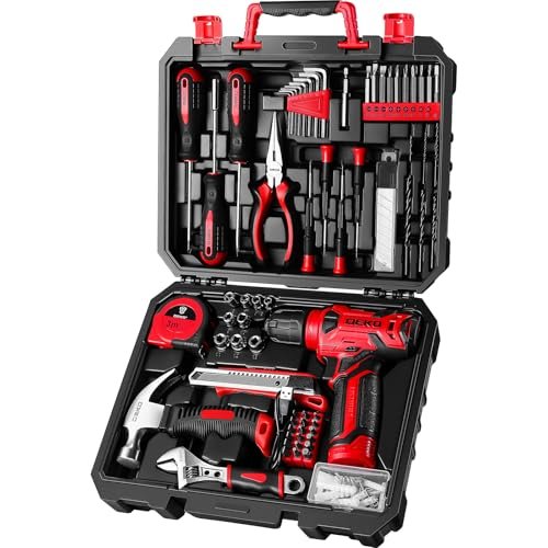 DEKOPRO Drill Set: Tool Set with 8V Red Cordless Drill,...