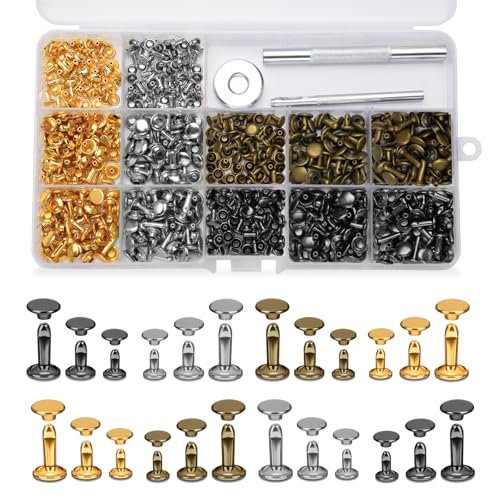 DIUDUS 240 Set Leather Rivets, 4 Colors 3 Sizes Double...