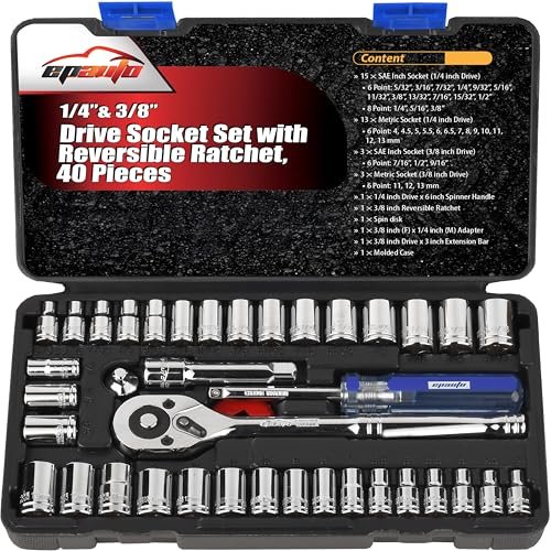 EPAuto 40 Pieces 1/4-Inch & 3/8-Inch Drive Socket Set...