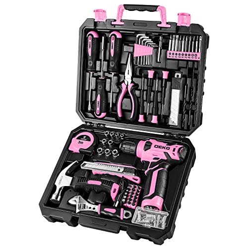 DEKOPRO Drill Set, Home Tool Set with 8V Pink Cordless...