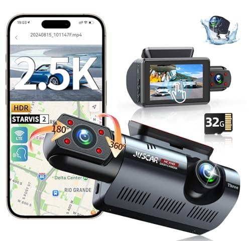 Juscar 3 Channel Dash Cam with WiFi & GPS, Front...