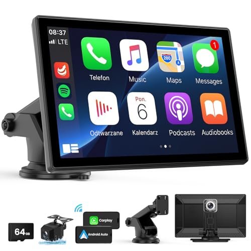 Wireless CarPlay Screen - 9'' Portable Car Stereo with 4K...