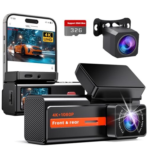 Dash Cam Front and Rear, 4K+1080P WiFi Mini Car Camera...