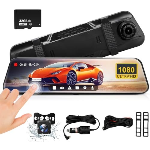 10'' Mirror Dash Cam, 1080P FHD IPS Touch Screen Front...