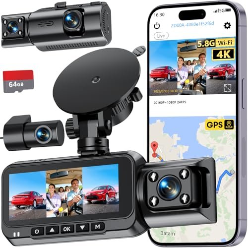3-Channel Dash Cam 4K for Car: Front, Rear & Inside...